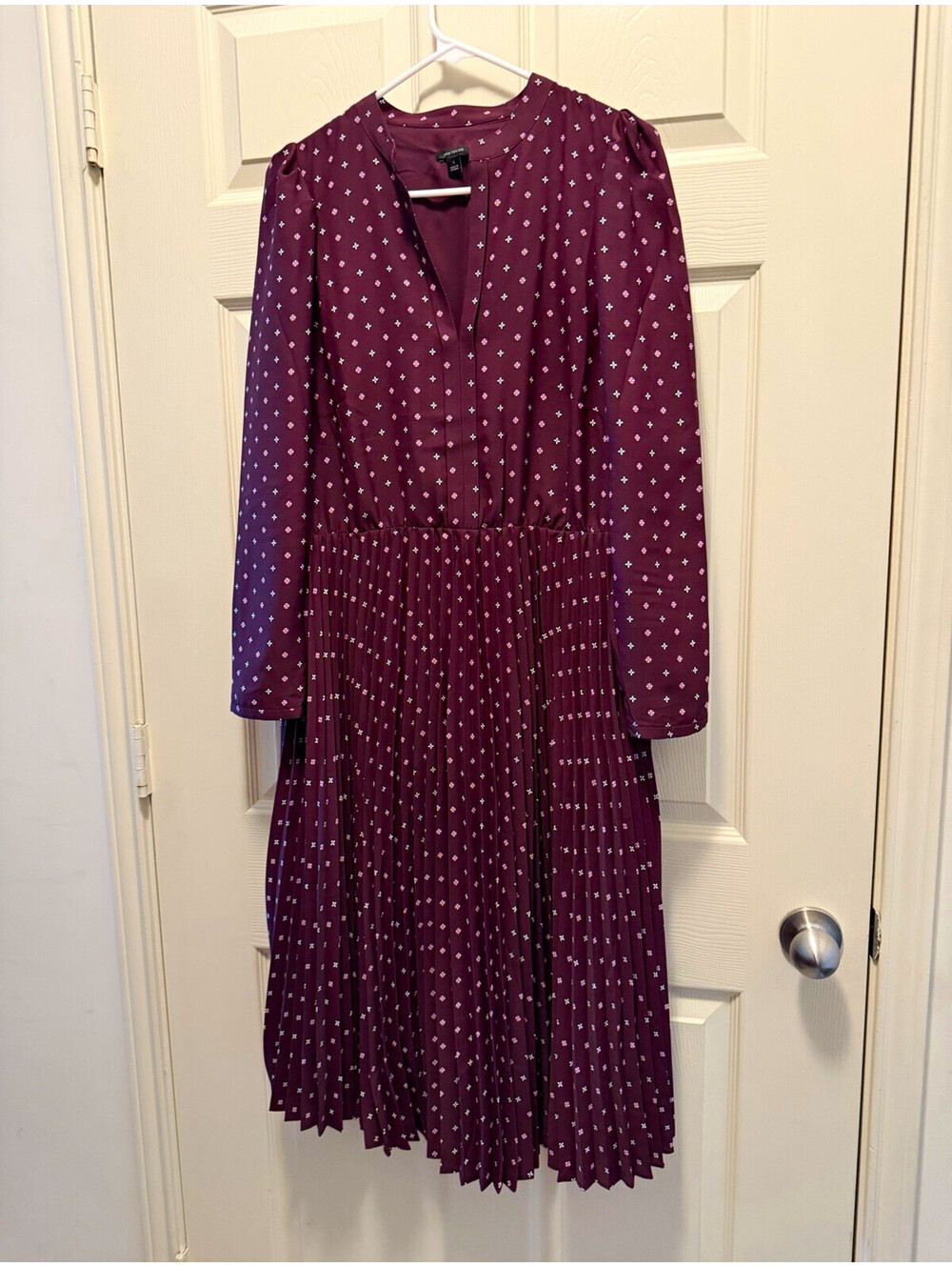 Ann Taylor Plum Rose Geo Pleated Long Sleeve Flare Dress 12